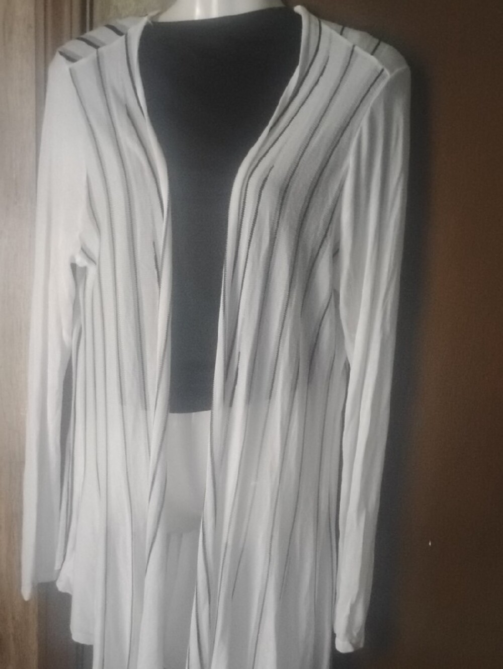 Chico's Travelers White Open-Front Long Cardigan with Subtle Vertical Stripes